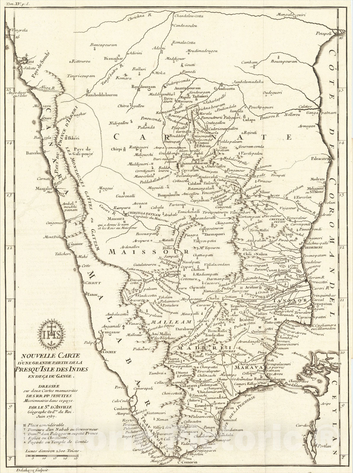 Historic Map : Nouvelle Carte D'une Grande Partie de la Presqu'Isle des Indes en deca du Gange, 1737, 1737, Jean-Baptiste Bourguignon d'Anville, v2, Vintage Wall Art