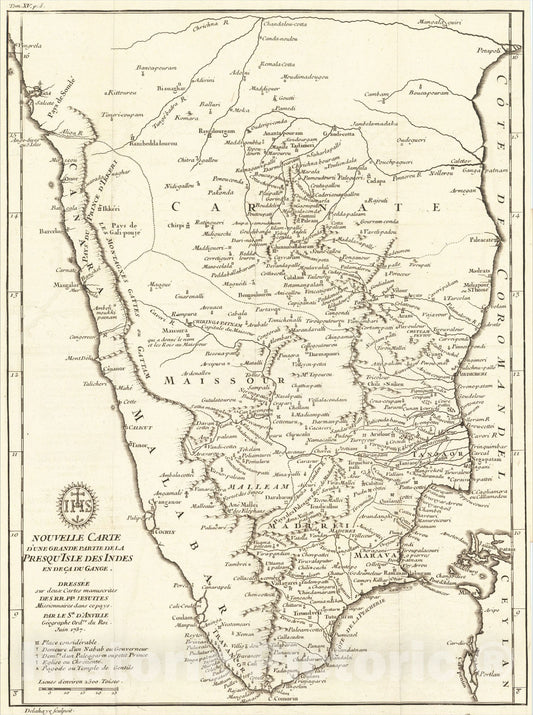 Historic Map : Nouvelle Carte D'une Grande Partie de la Presqu'Isle des Indes en deca du Gange, 1737, 1737, Jean-Baptiste Bourguignon d'Anville, v2, Vintage Wall Art