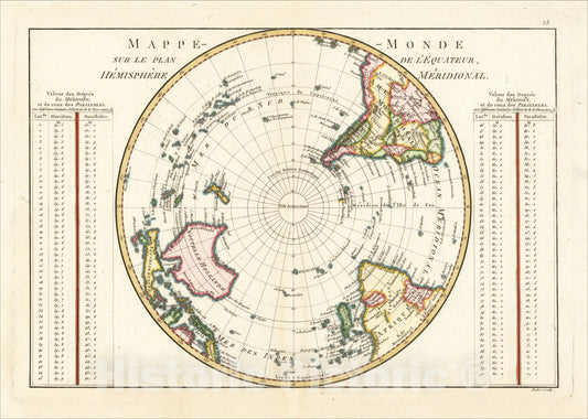Historic Map : Mappe-Monde Sur Le Plan De L'Equateur Hemisphere Meridionale, 1787, Rigobert Bonne, v2, Vintage Wall Art