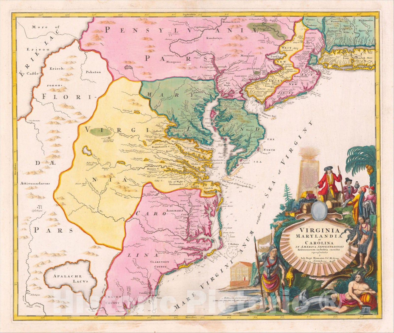 Historic Map : Virginia Marylandia et Carolina In America Septentrionali Britannorum industria exculta repraesentate, 1720, , Vintage Wall Art