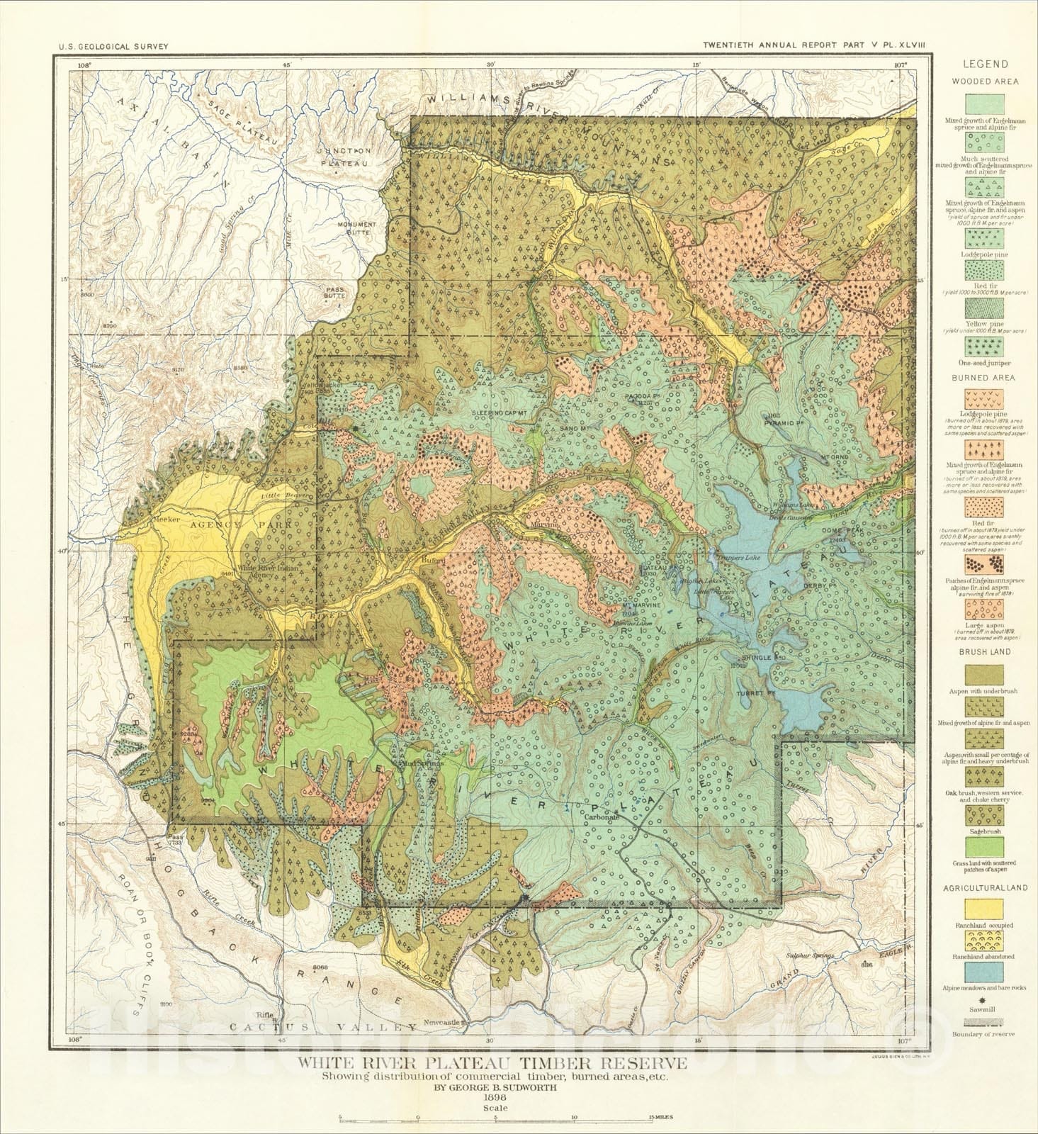 Historic Map : (Northwestern Colorado) White River Plateau Timber Reserve Showing distribution of commercial timber, burned areas, etc., 1898, 1898, Vintage Wall Art