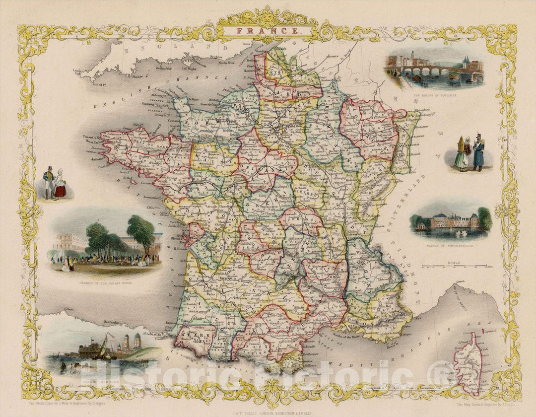 Historic Map : France, 1851, John Tallis, v3, Vintage Wall Art