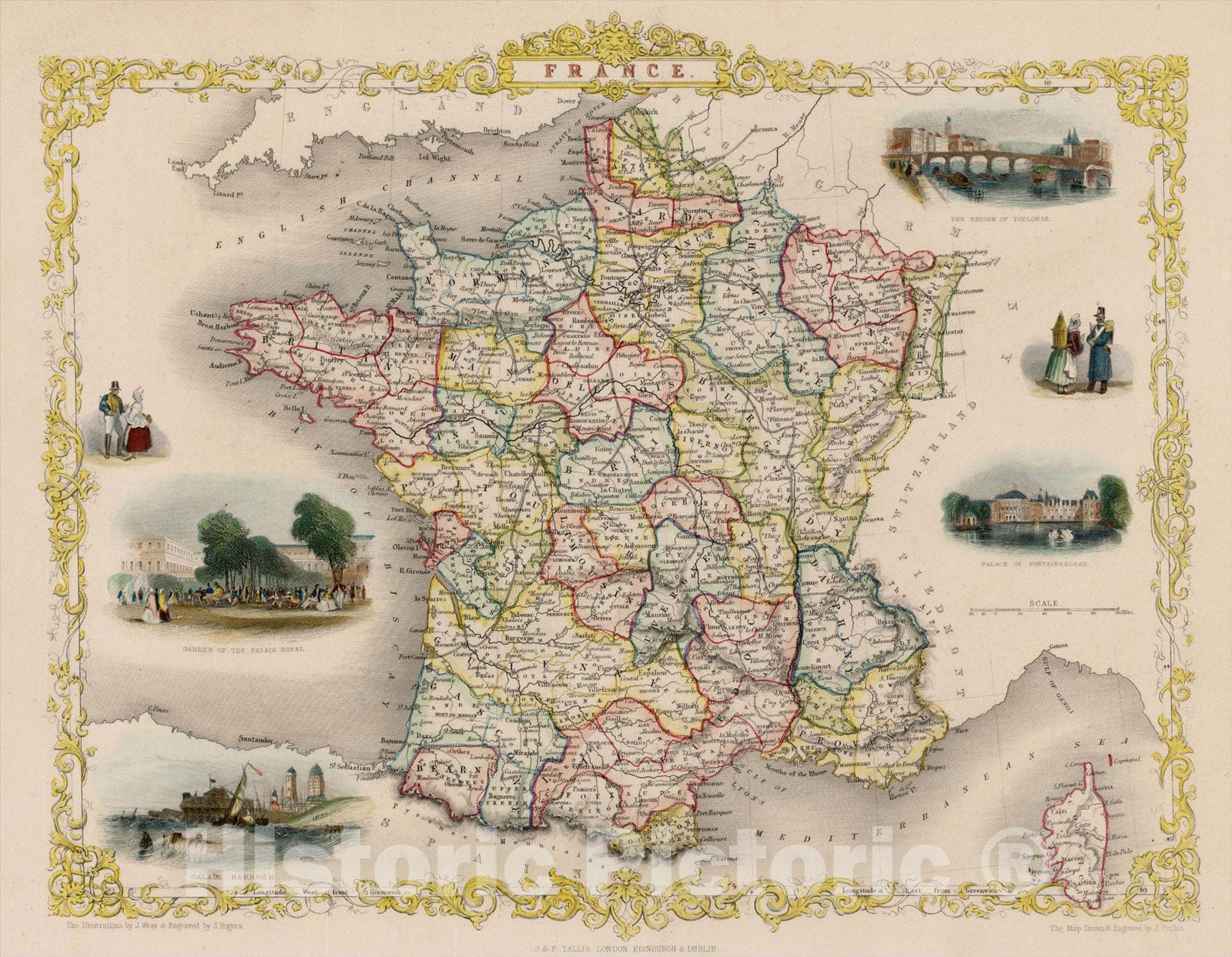 Historic Map : France, 1851, John Tallis, v3, Vintage Wall Art