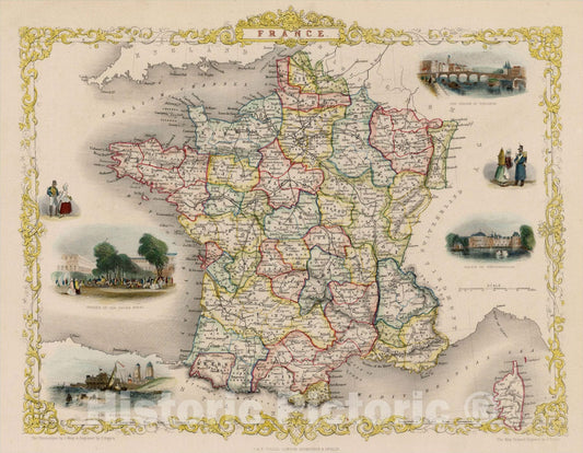 Historic Map : France, 1851, John Tallis, v3, Vintage Wall Art