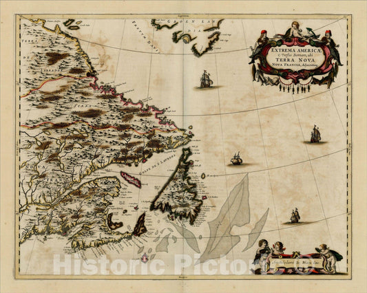 Historic Map : Extrema Americae Versus Boream, ubi Terra Nova Nova Francia, 1662, Johannes Blaeu, Vintage Wall Art