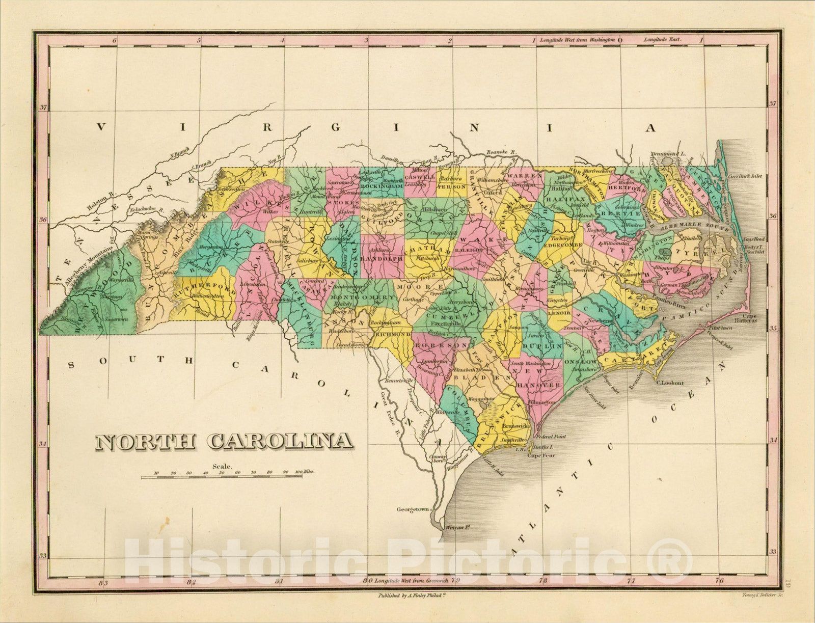 Historic Map : North Carolina, 1826, Anthony Finley, Vintage Wall Art