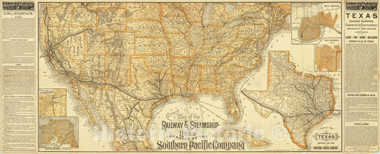 Historic Map : Correct Map of the Railway & Steamship Lines Operated by the Southern Pacific Company, 1893, Poole Brothers, Vintage Wall Art