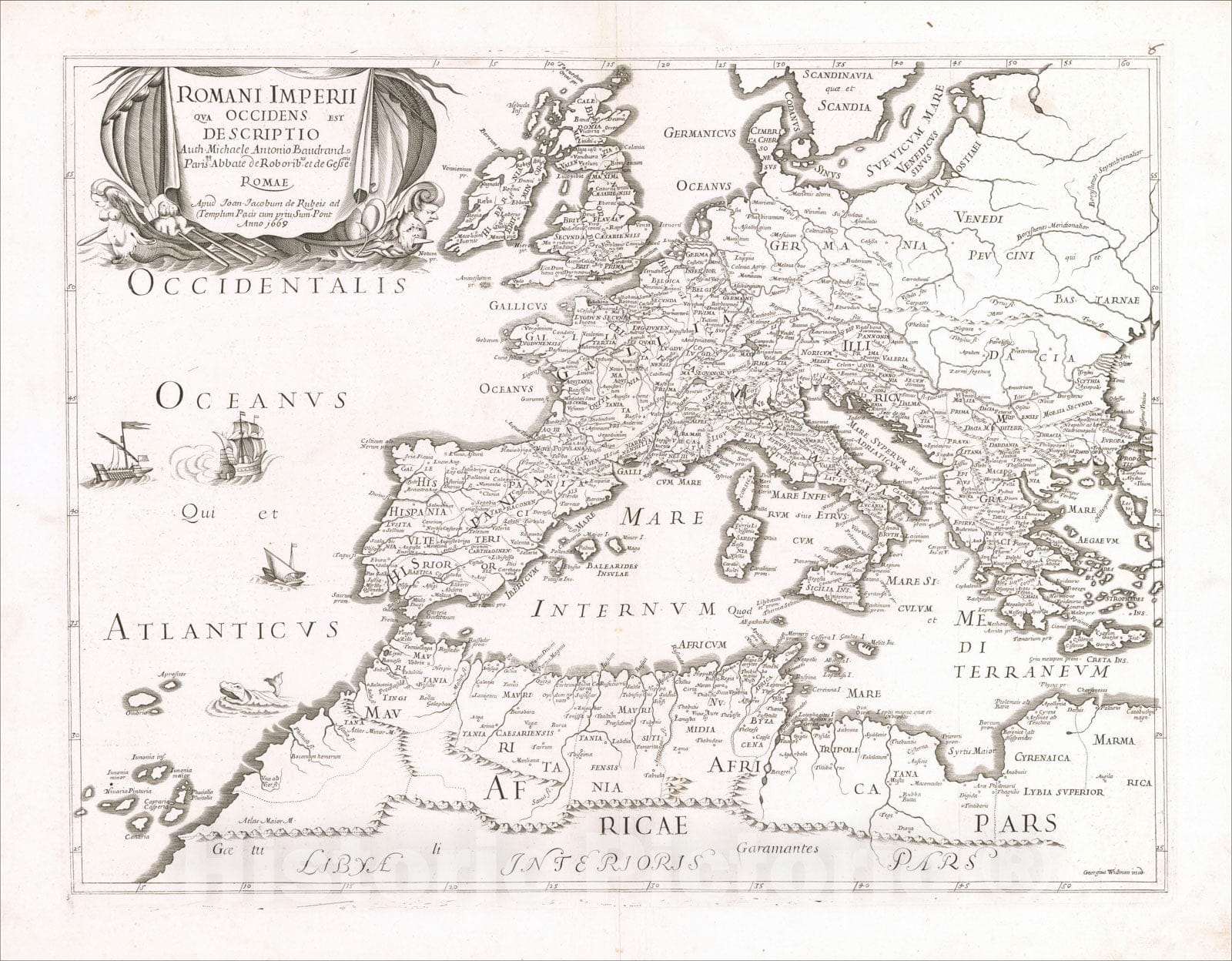 Historic Map : Romani Imperii Qua Occidens est Descriptio Auth.Michaele Antonio Baudrand, 1669, 1669, Joan Jacobum de Rubeis, Vintage Wall Art