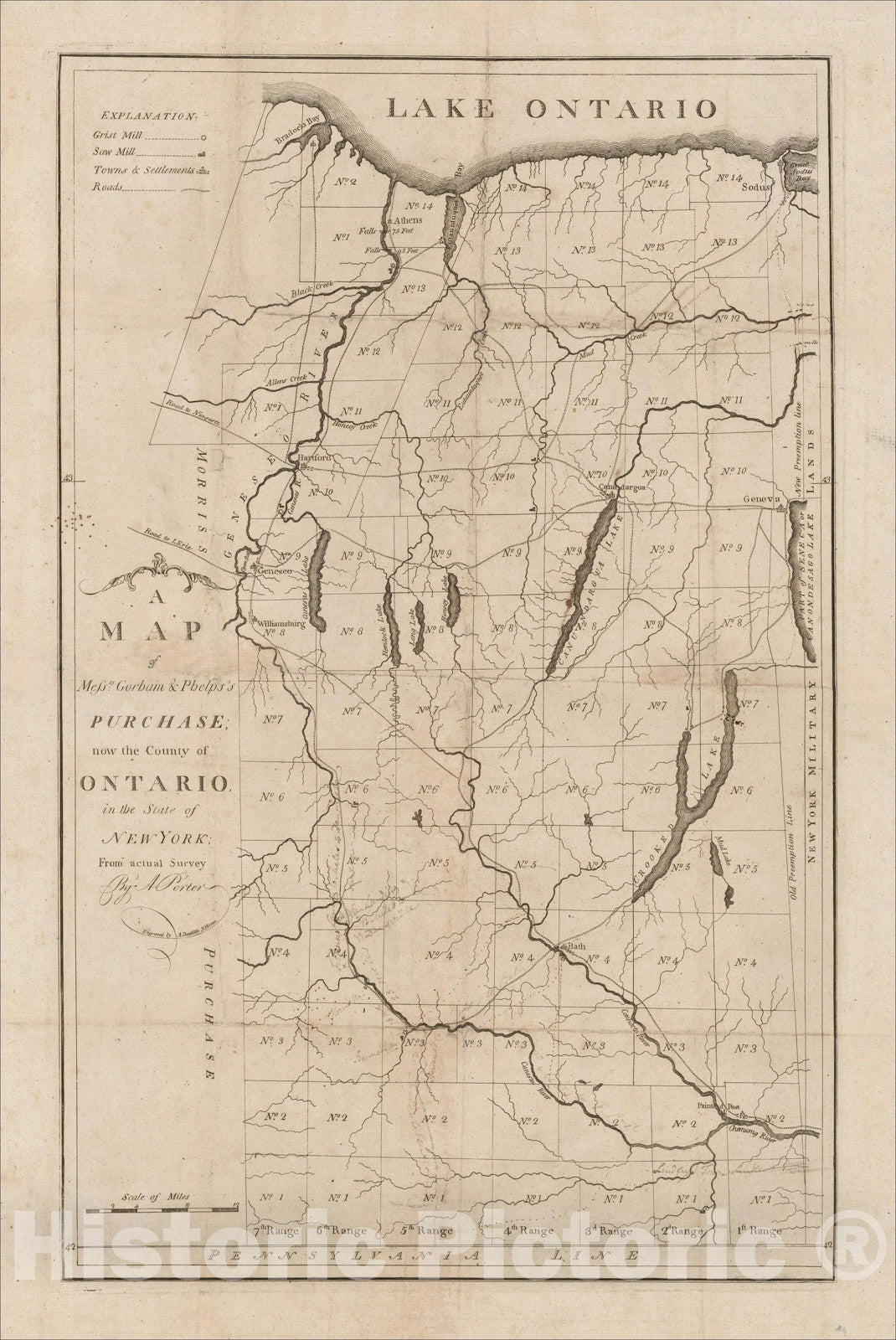 Historic Map : A Map of Messrs. Gorham & Phelps's Purchase: now the County of Ontario, in the State of New York: From actual Survey By A. Porter, c1794, Vintage Wall Art