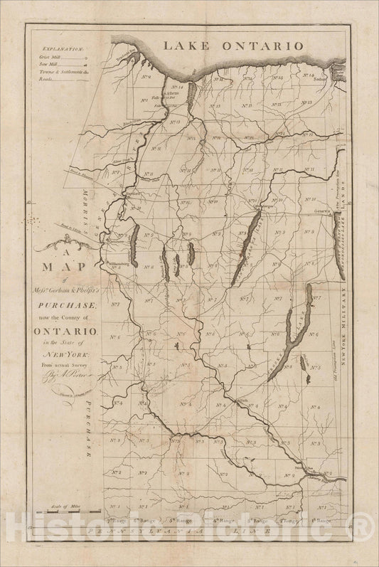 Historic Map : A Map of Messrs. Gorham & Phelps's Purchase: now the County of Ontario, in the State of New York: From actual Survey By A. Porter, c1794, Vintage Wall Art