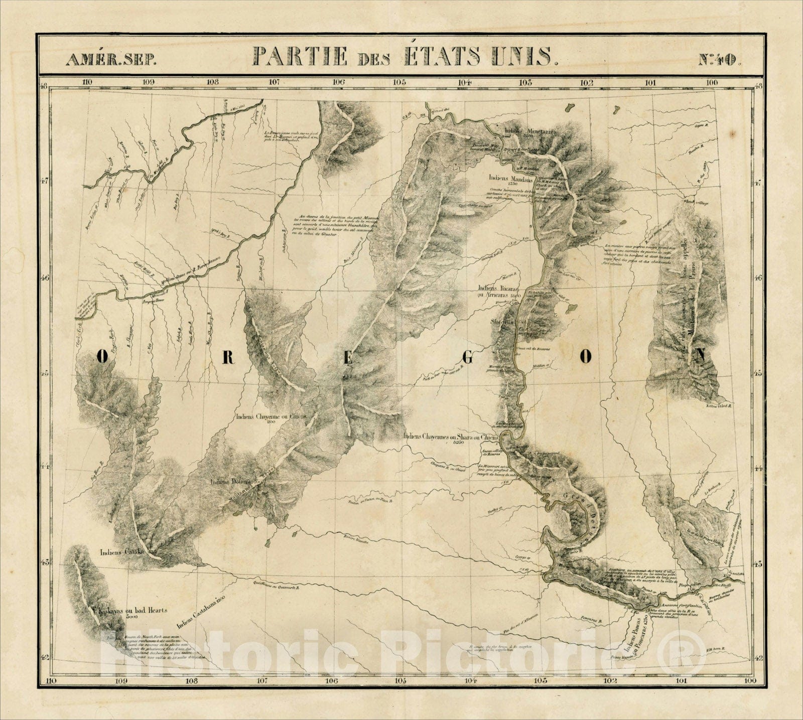 Historic Map : Amer. Sep. No. 4. Partie De Etats Unis [Montana, Wyoming, Dakota, Upper Missouri River], 1825, Philippe Marie Vandermaelen, Vintage Wall Art