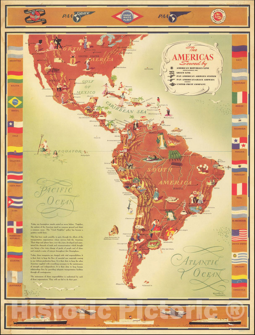 Historic Map : The Americas Served by American Republic Lines, Grace Line, Pan American Airways System, Pan American-Grace Airways, United Fruit Company, 1948, Vintage Wall Art