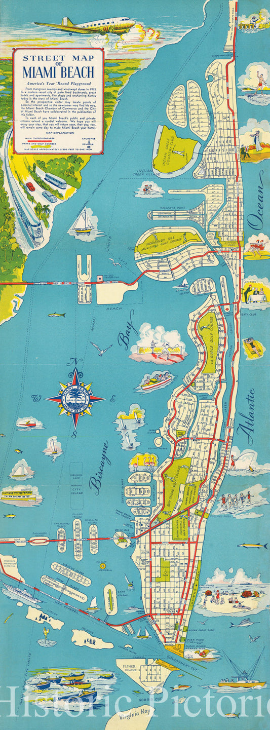 Historic Map : Street Map of Miami Beach America's Year Round Playground, 1947, Miami Beach Chamber of Commerce, Vintage Wall Art