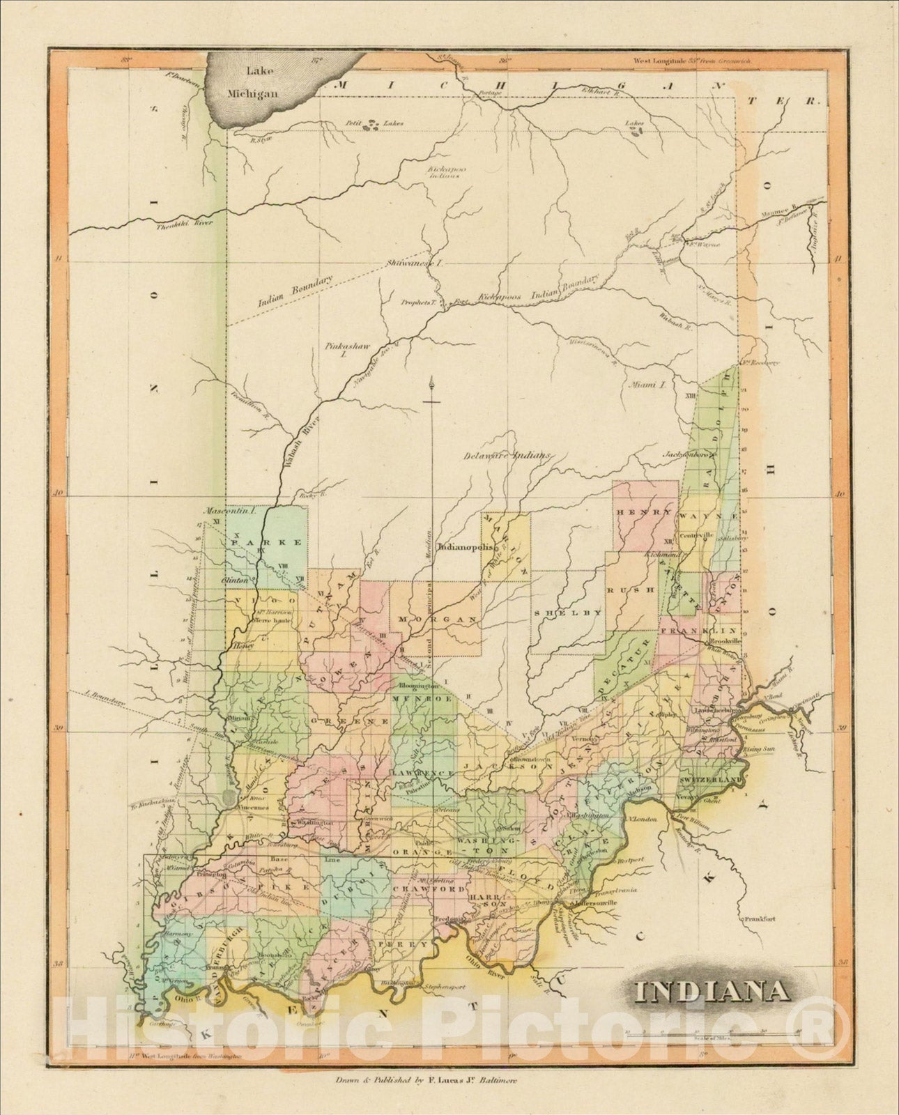 Historic Map : Indiana, 1823, Fielding Lucas Jr., Vintage Wall Art