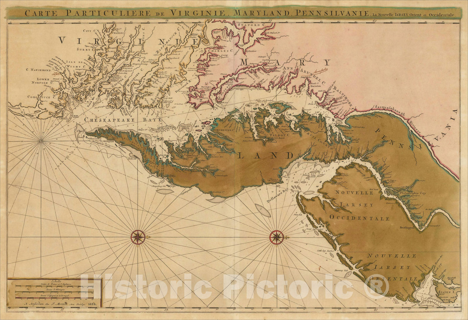 Historic Map : Carte Particuliere de Virginie, Maryland, Pennsilvanie, La Nouvelle Jarsey. Orient et Occidentale, c1692, , Vintage Wall Art