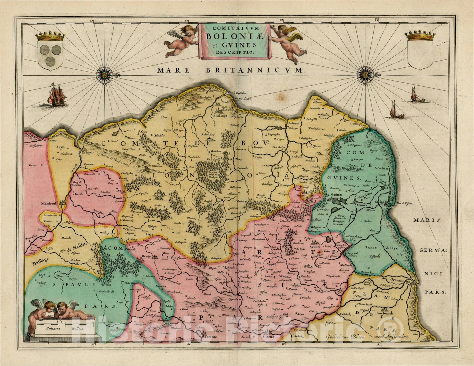 Historic Map : Comitatuum Boloniae et Guines Descriptio, 1642, Willem Janszoon Blaeu, Vintage Wall Art