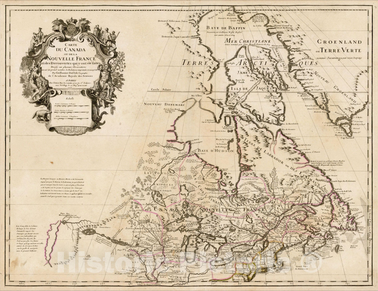 Historic Map : Carte Du Canada ou de la Nouvelle France et des Decouvertes qui y ont ete fait, 173, 1703, , Vintage Wall Art
