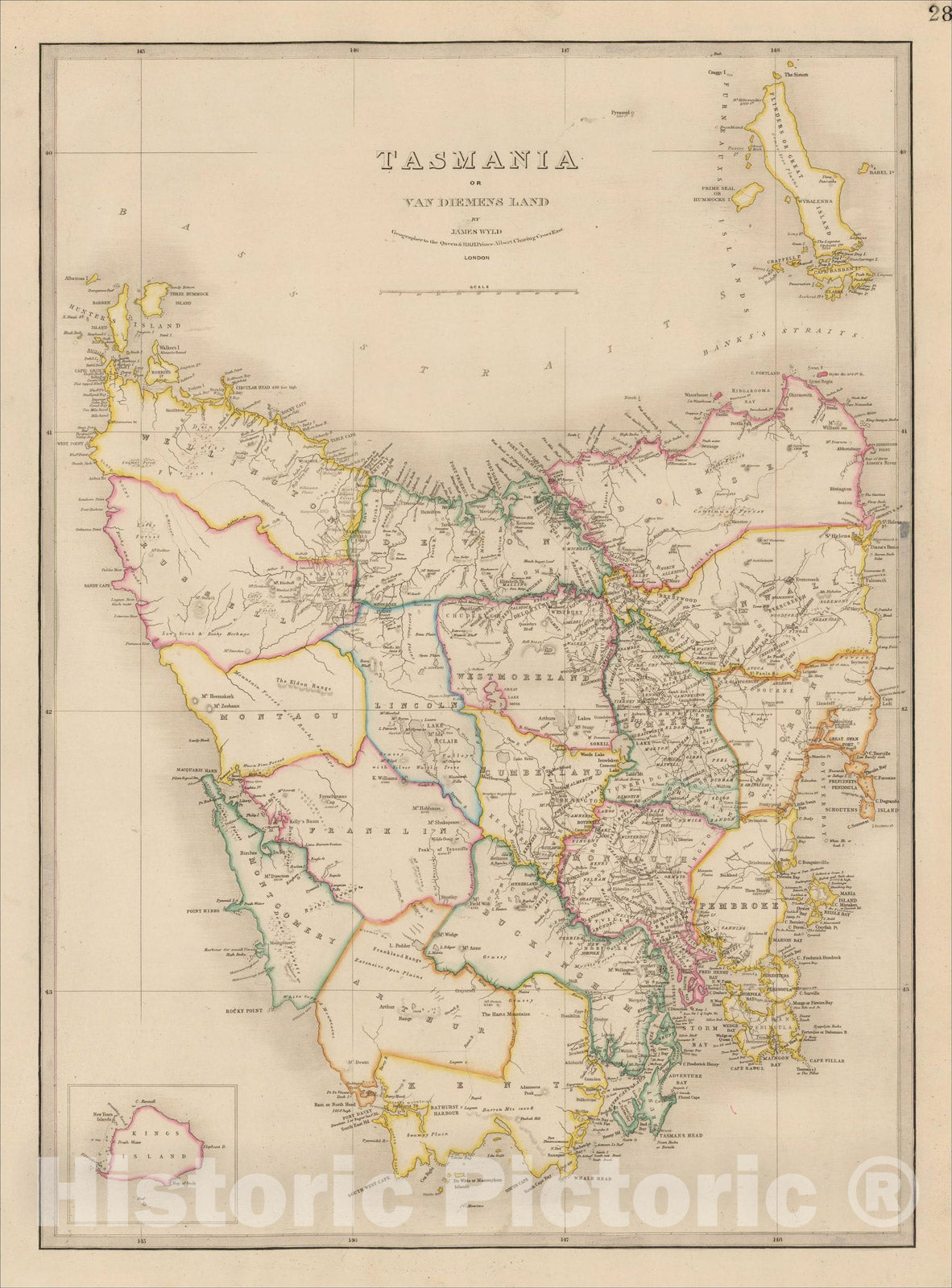 Historic Map : Tasmania or Van Diemens Land By James Wyld Geographer to the Queen & H.R.H. Prince Albert, c1850, James Wyld, Vintage Wall Art