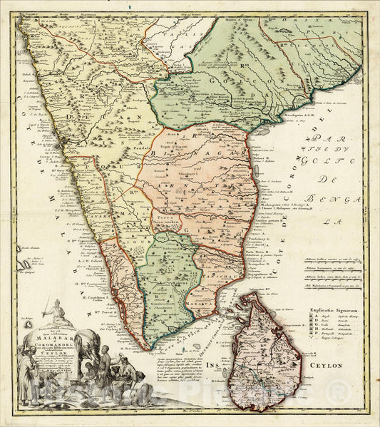 Historic Map : Peninsula Indiae citra Gangem Hoc est Orae celeberrimae Malabar & Coromandel, 1733, , Vintage Wall Art