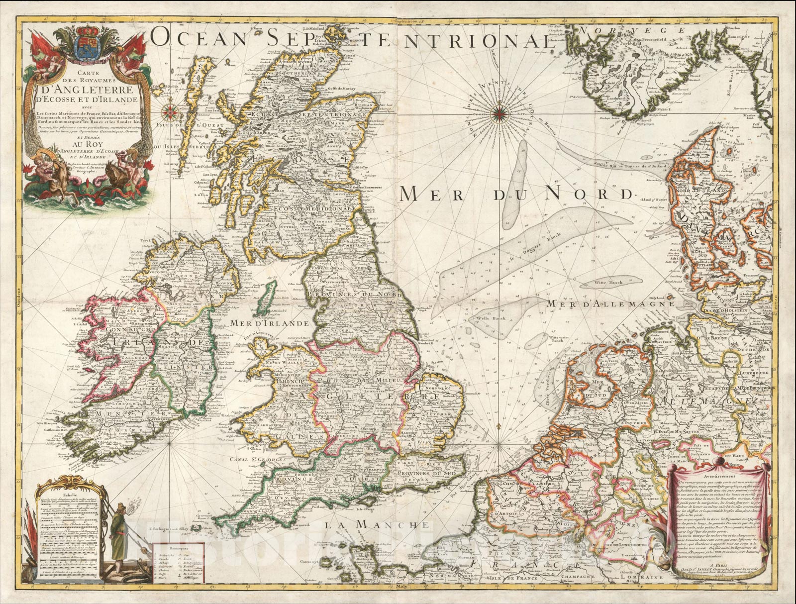 Historic Map : Carte des Royaumes d'Ecosse et d'Irlande avec Les Costes Maritimes de France, Pais-Bas, 1715, , Vintage Wall Art