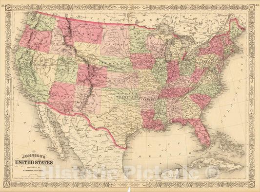 Historic Map : Johnson's United States, 1865, Alvin Jewett Johnson, Vintage Wall Art
