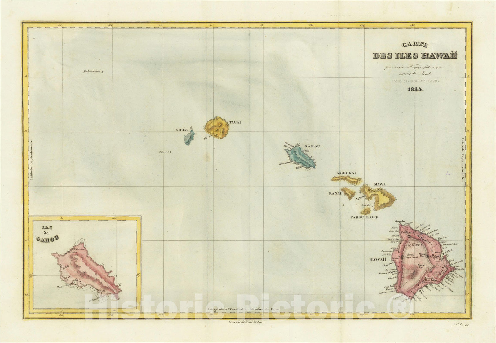 Historic Map : Carte Des Iles Hawaii, 1834, 1834, Dumont-D'Urville, v2, Vintage Wall Art