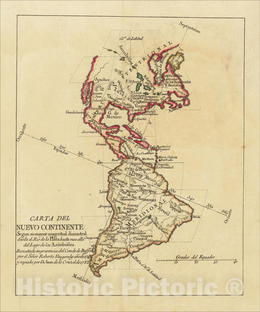 Historic Map : Carta Del Nuevo Continente Segun su mayor magnitud diametral desde el Rio de la Plata hasta mas alla del Lago de los Asimboiles, c1782, Vintage Wall Art