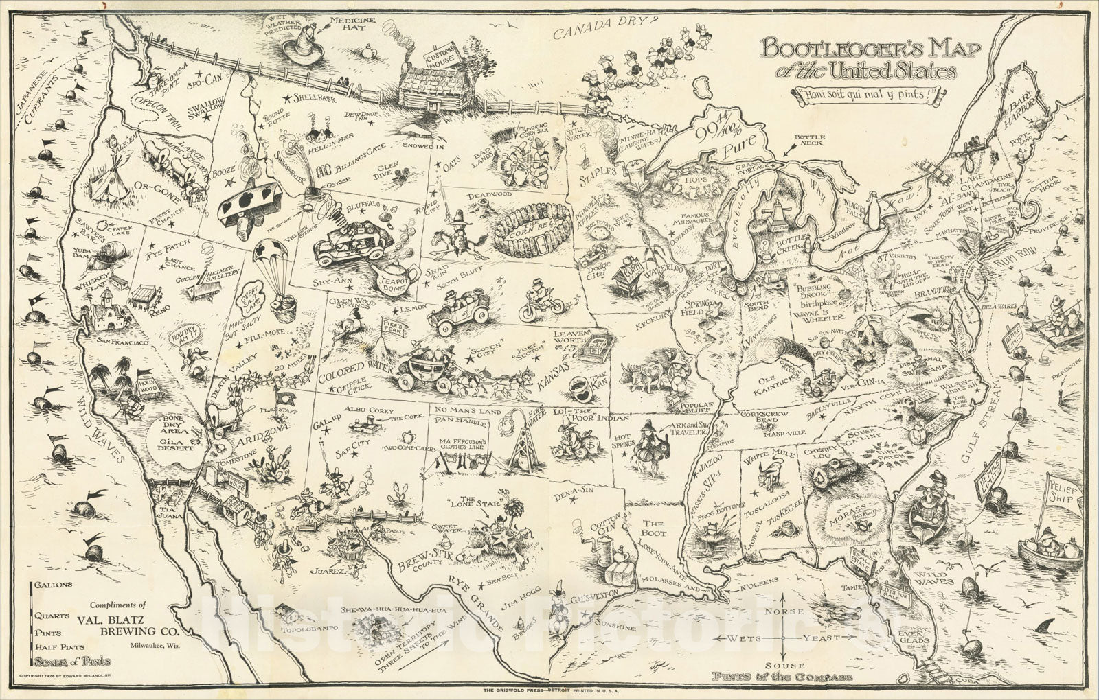 Historic Map : Bootlegger's Map of the United States . . ., 1926, Edward Gerstell McCandlish, v2, Vintage Wall Art