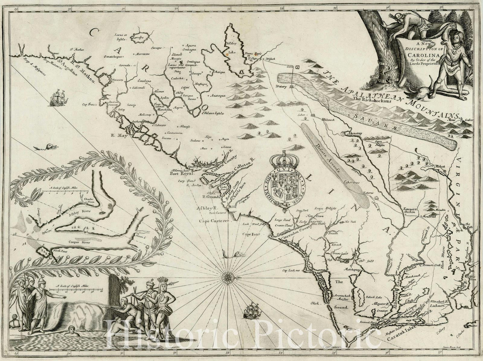 Carolina - Colonial Settlement Map, 1673 - Historical Map Print