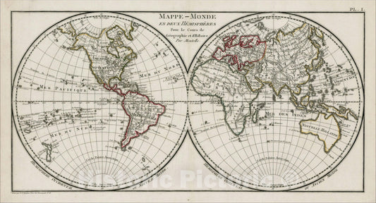 Historic Map : Mappe-Monde en Deux Hemispheres Pour le Cours de Geographie et d'Histoire, c1790, , Vintage Wall Art