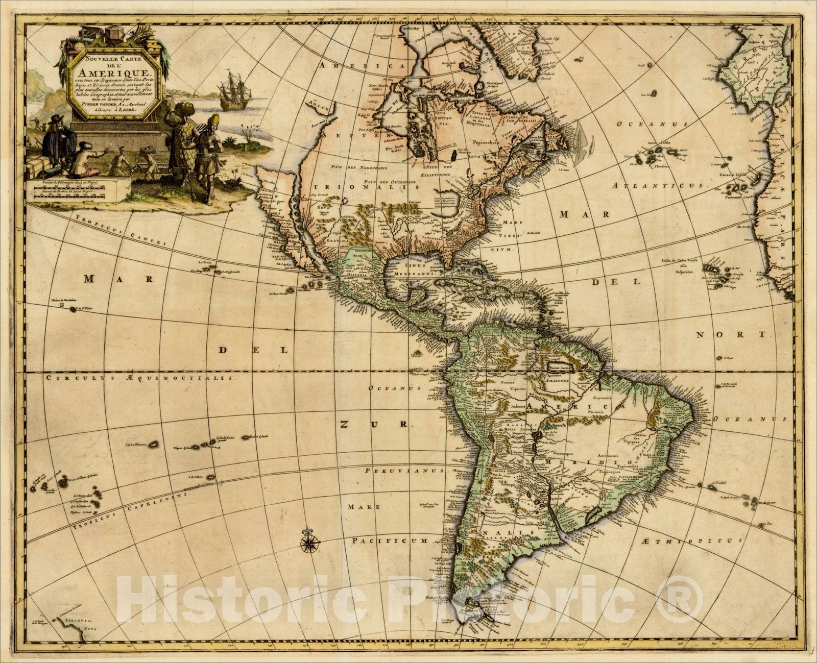 Historic Map : Nouvelle Carte De L'Amerique, avec tous ses Royaumes, Etats Islse, Ports, Bayes et Rivieres, c1729, Pieter van der Aa, Vintage Wall Art