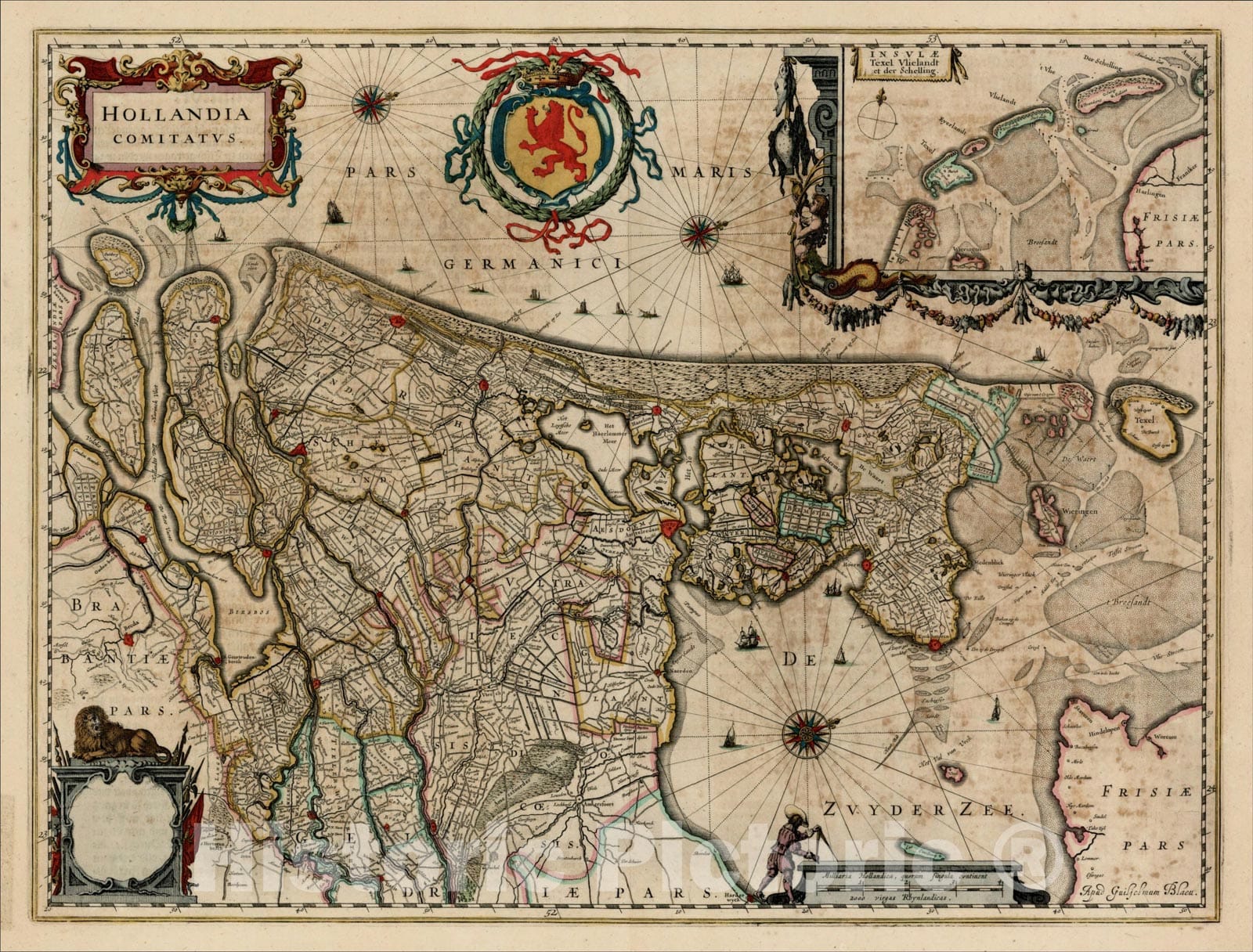 Historic Map : Hollandia Comitatus, c1640, Willem Janszoon Blaeu, Vintage Wall Art