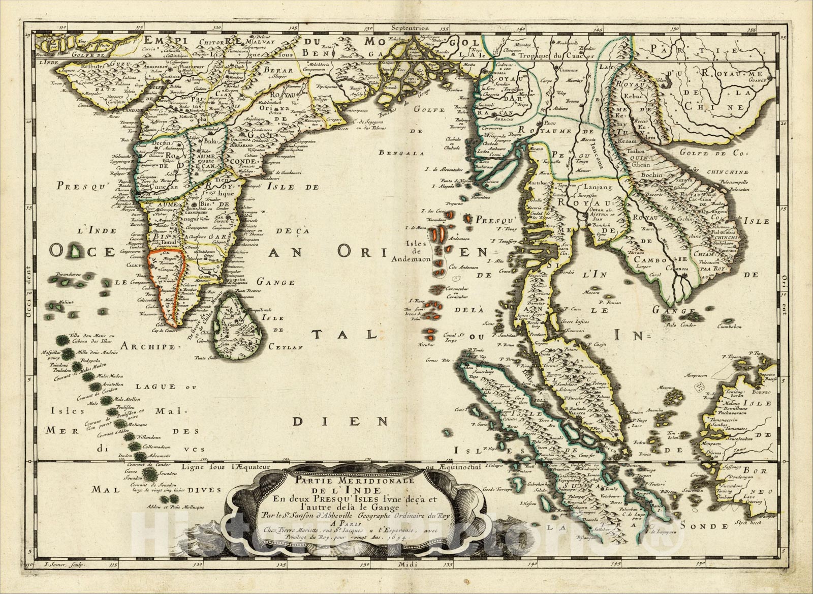 Historic Map : Partie Meridionale De L'Inde En deux Presqu'Isles l'une deca et l'autre Gange . . .1654, 1654, , Vintage Wall Art