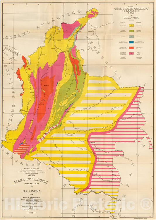 Historic Map : Primer Mapa Geologico Generalizado de Colombia por Victor Oppenheim, 1943, 1943, Victor Eduard Oppeneim, Vintage Wall Art
