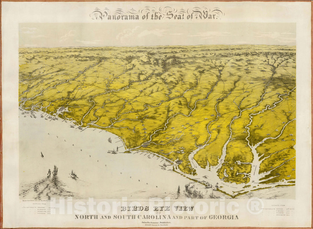 Historic Map : Panorama of the Seat of War -- Birds Eye View of North and South Carolina and part of Georgia, 1864, John Bachmann, Vintage Wall Art