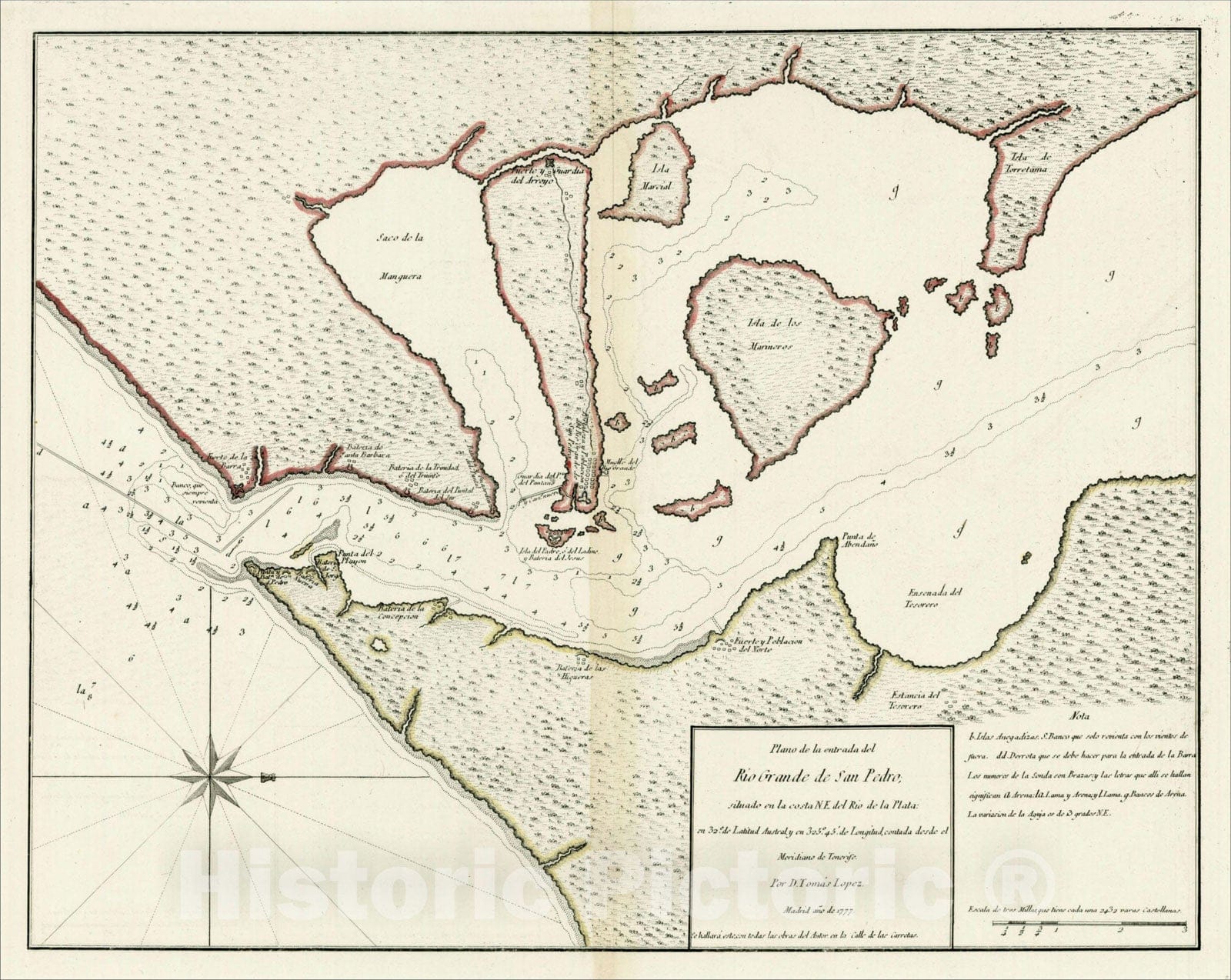 Historic Map : Plano de la entrada del Rio Grande de San Pedro situado en la costa N.E. de la Plata, 1777, , Vintage Wall Art
