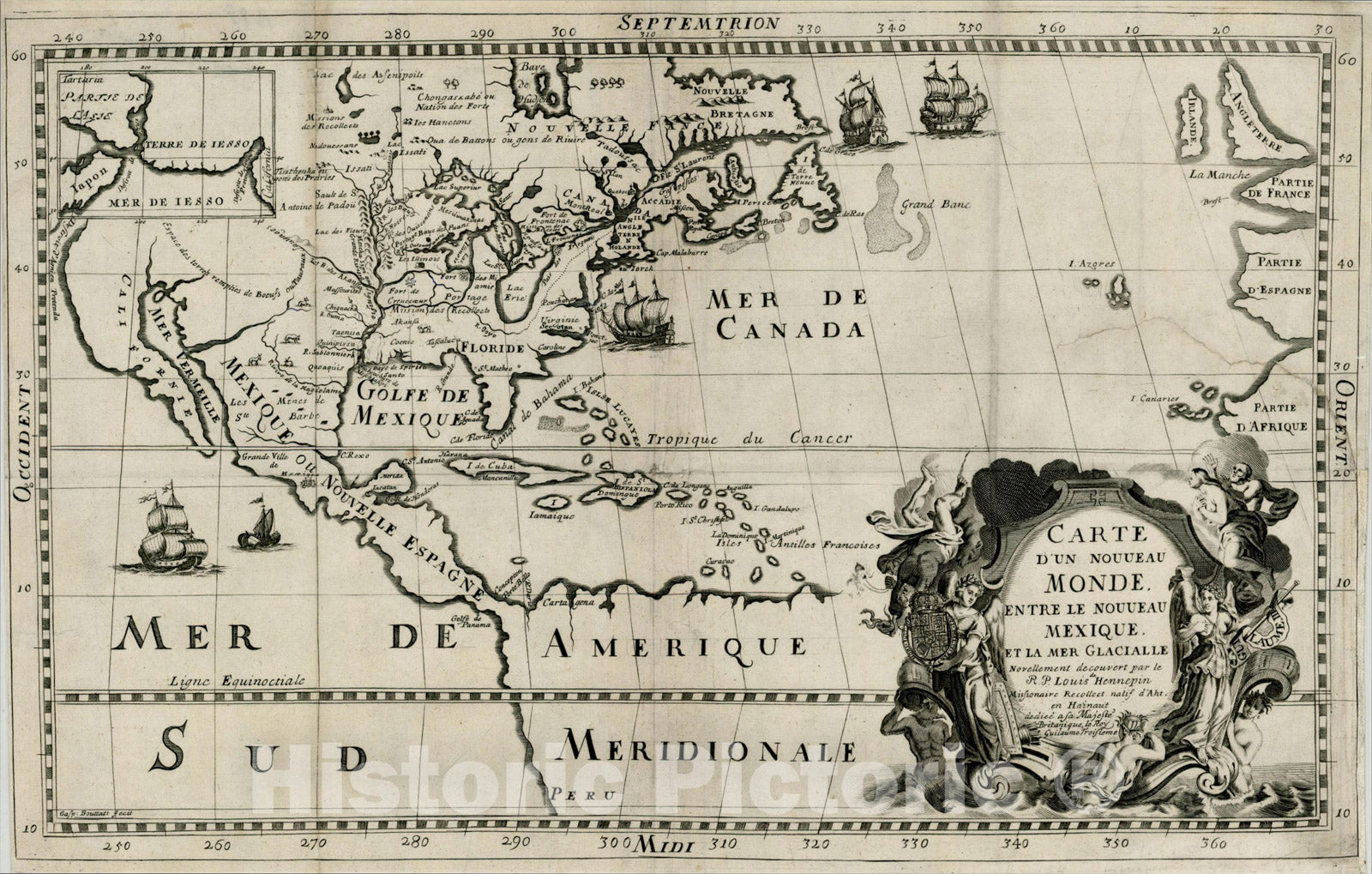 Historic Map : Carte D'Un Nouveau Monde, entre le Nouveau Mexique, et la Mer Glacialle Novellement decouvert par le R.P. Louis Hennepin, 1683, Vintage Wall Art