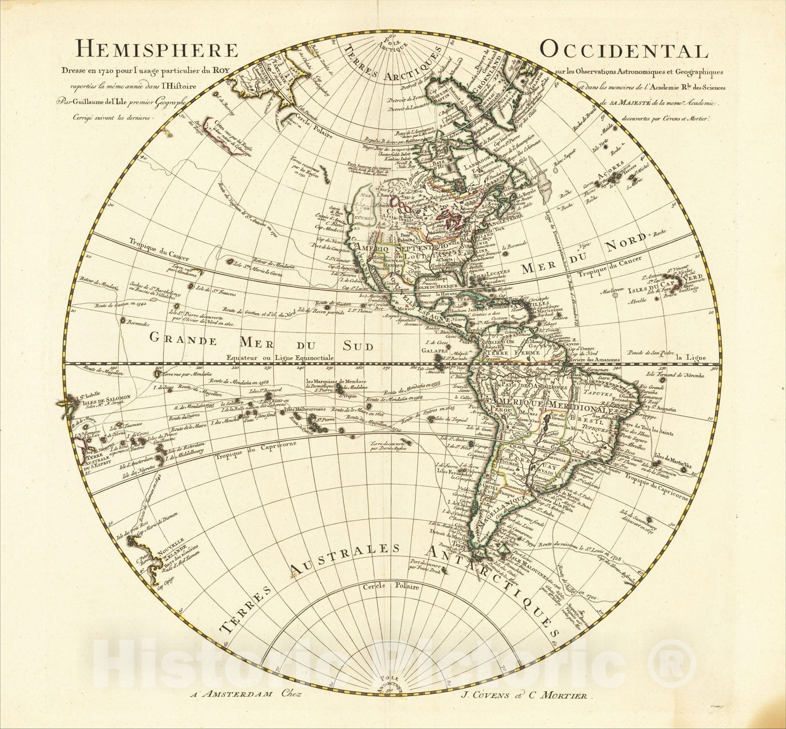Historic Map : Hemisphere Occidental Dresse en 172 pour l'usage particulier du Roy sur les Observations Astronomiques et Geographiques, c1750, Johannes Covens, Vintage Wall Art