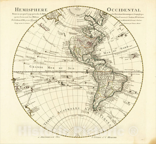 Historic Map : Hemisphere Occidental Dresse en 172 pour l'usage particulier du Roy sur les Observations Astronomiques et Geographiques, c1750, Johannes Covens, Vintage Wall Art
