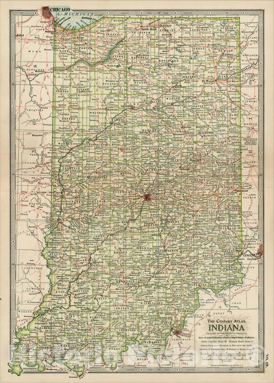 Historic Map : Indiana, 1897, The Century Company, Vintage Wall Art