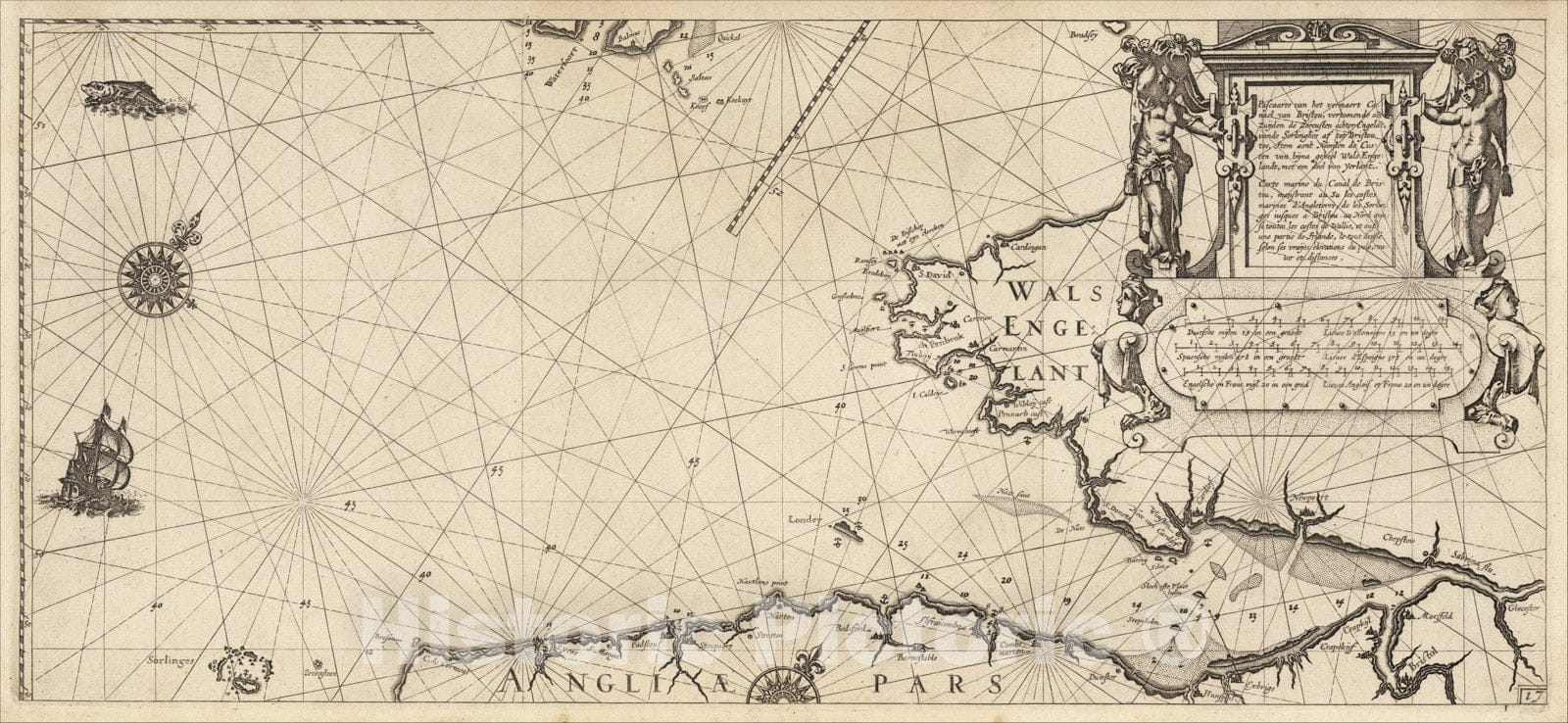 Historic Map : Coast of Cornwall, Devon and Bristol Channel, 1608, Willem Janszoon Blaeu, Vintage Wall Art