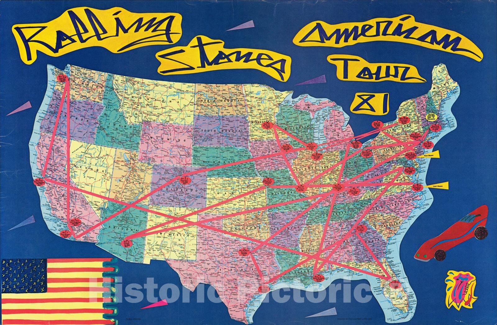 Historic Map : Rolling Stones American Tour 81, 1981, Tea Lautrec Litho, Vintage Wall Art