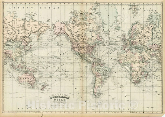 Historic Map : Asher & Adams' World on Mercator's Projection, 1875, Asher, v2, Vintage Wall Art