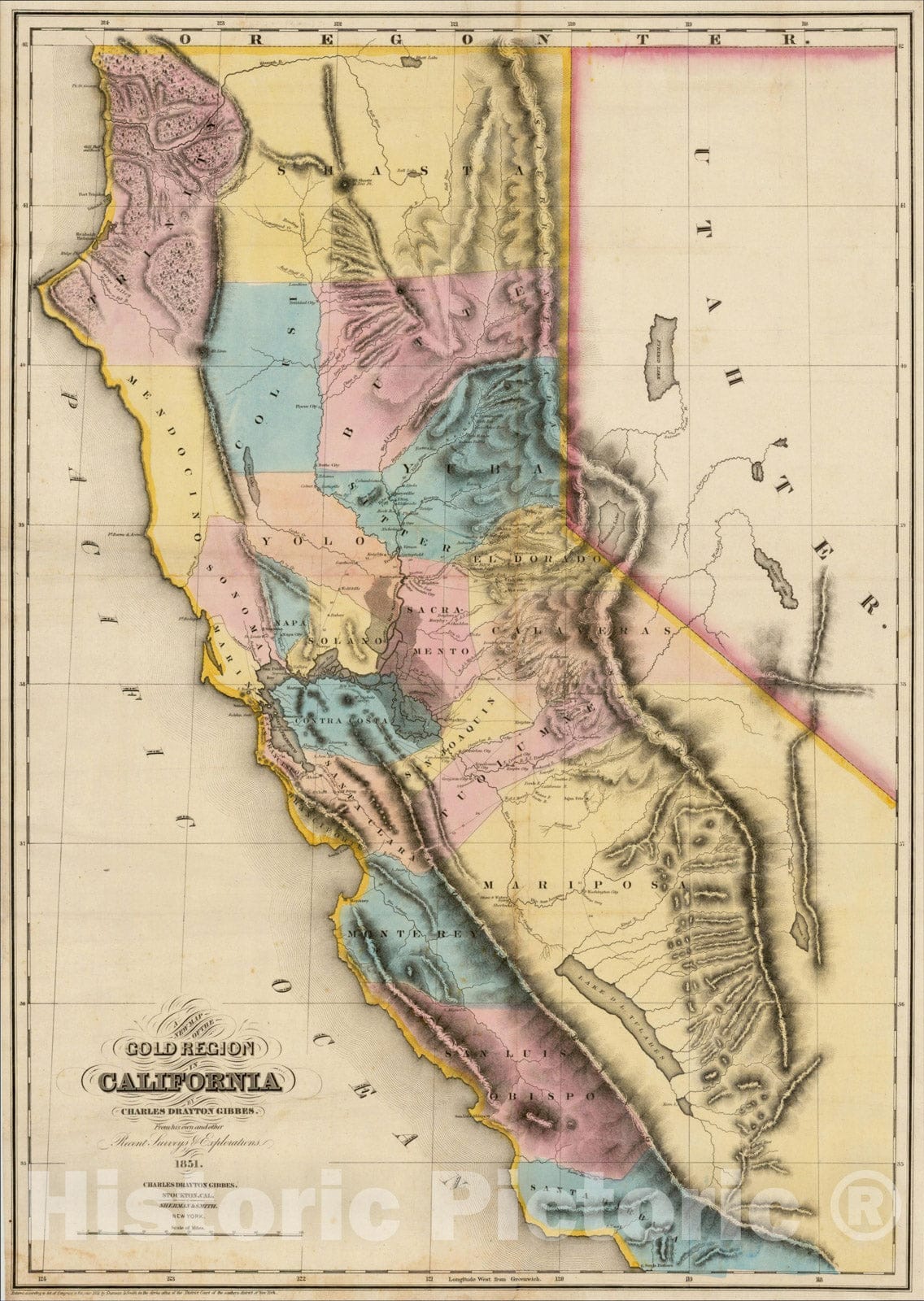 Historic Map : A New Map of the Gold Region in California By Charles Drayton Gibbes. From his own and other Recent Surveys and Explorations. 1851., 1851, Vintage Wall Art
