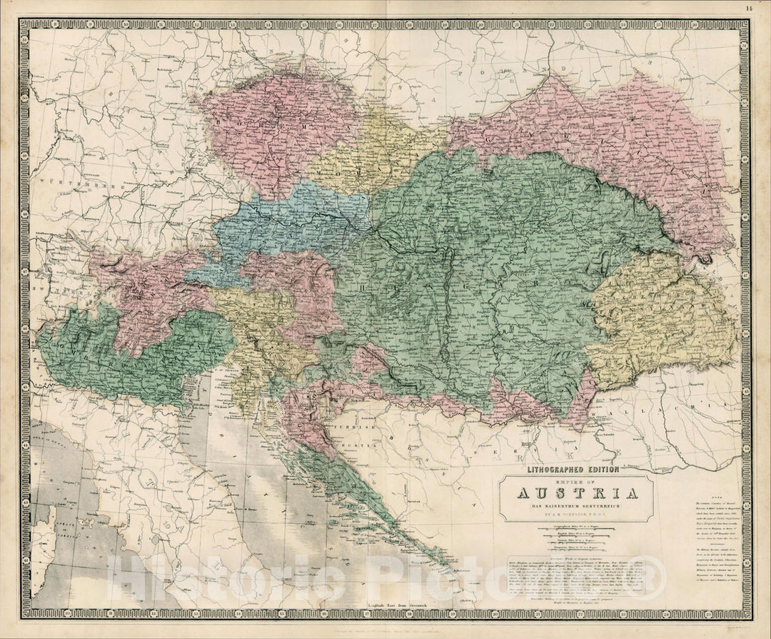 Historic Map : Empire of Austria (Das Kaiserstuhm Oesterreich), 1852, W. & A.K. Johnston, Vintage Wall Art