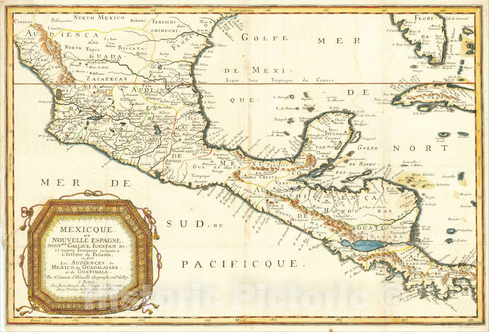 Historic Map : Mexicque, ou Nouvelle Espagne, Nouv.lle Gallice, Iucatan andc. et autres Provinces jusques a L'Isthme de Panama . . .1656, 1656, Nicolas Sanson, Vintage Wall Art
