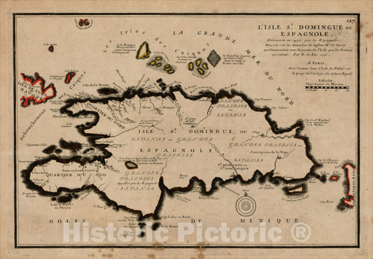 Historic Map : L'Isle St. Domingue ou Espagnole. Decouverte en 1992 par les Espagnols, 1715, 1715, Nicolas de Fer, Vintage Wall Art