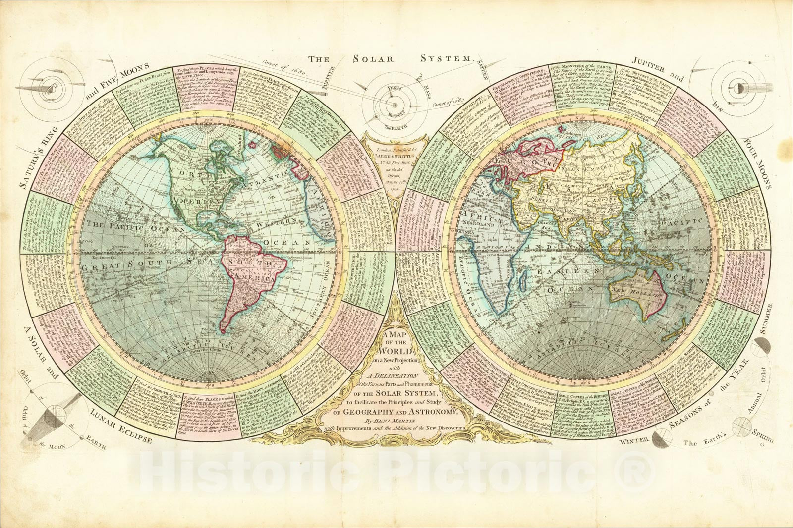 Historic Map : World on a new Projection with A Delineation of the Various Parts and Phaenomena of the Solar System, 1794, Benjamin Martin, Vintage Wall Art