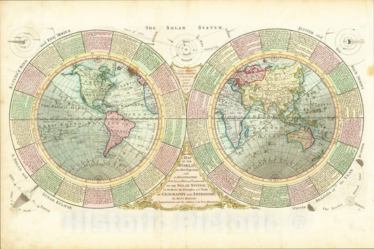 Historic Map : World on a new Projection with A Delineation of the Various Parts and Phaenomena of the Solar System, 1794, Benjamin Martin, Vintage Wall Art