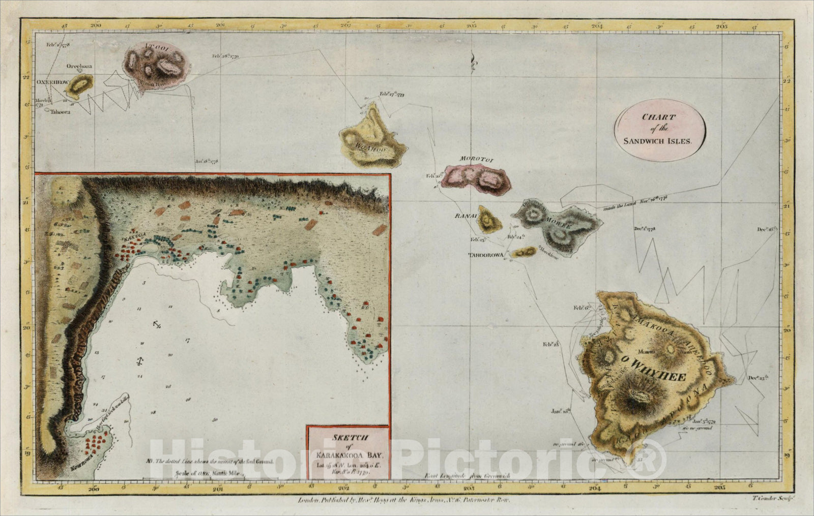Historic Map : Chart of the Sandwich Isles, c1785, James Cook, v4, Vintage Wall Art